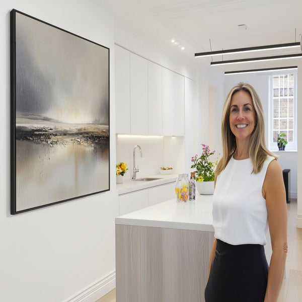 Greige Abstract Landsape Framed Artwork on Canvas for Kitchen Diner Grey Beige