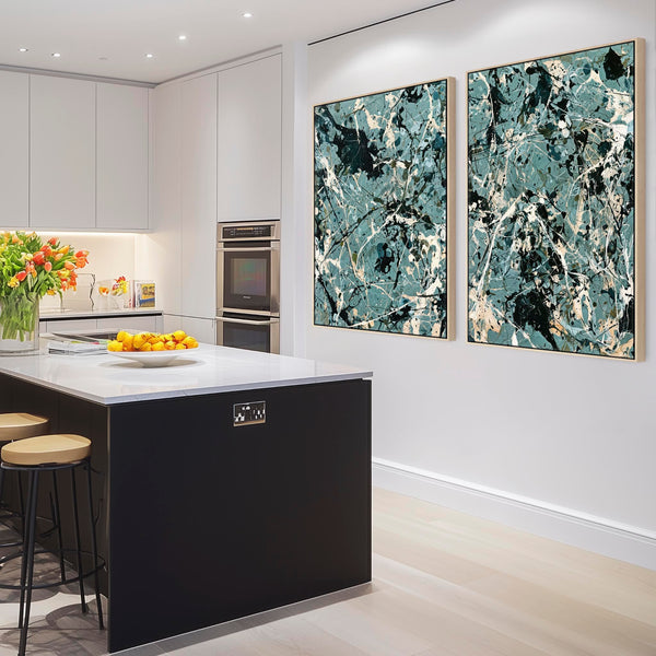 Large Framed Set of 2 Canvas Teal Green Jackson Pollock Style