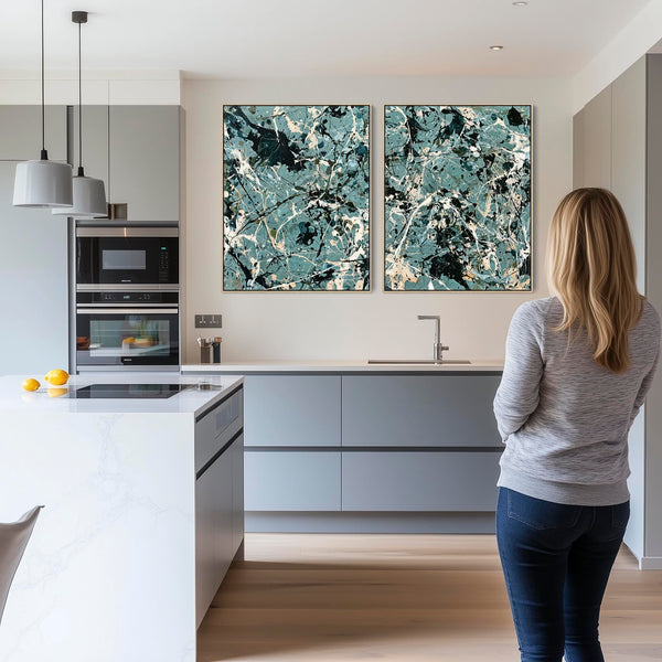 Large Framed Set of 2 Canvas Teal Green Jackson Pollock Style