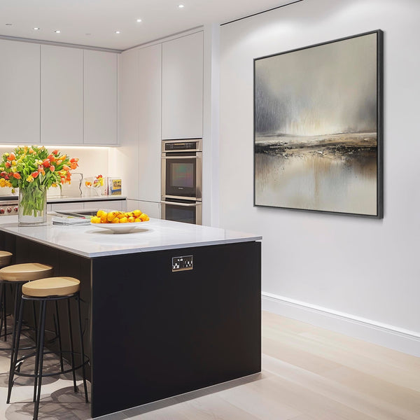 Greige Abstract Landsape Framed Artwork on Canvas for Kitchen Diner Grey Beige