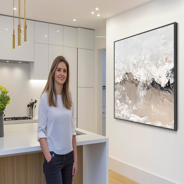 Kitchen Artwork Print Framed Canvas Grey and Beige Abstract