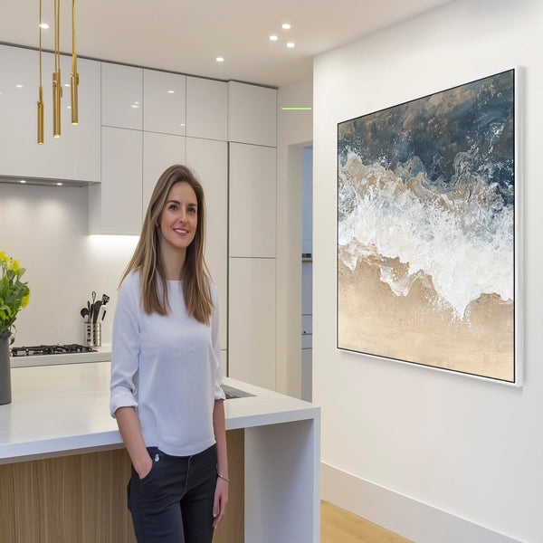 Beach Coastal Artwork Canvas Print Framed for Kitchen Blue