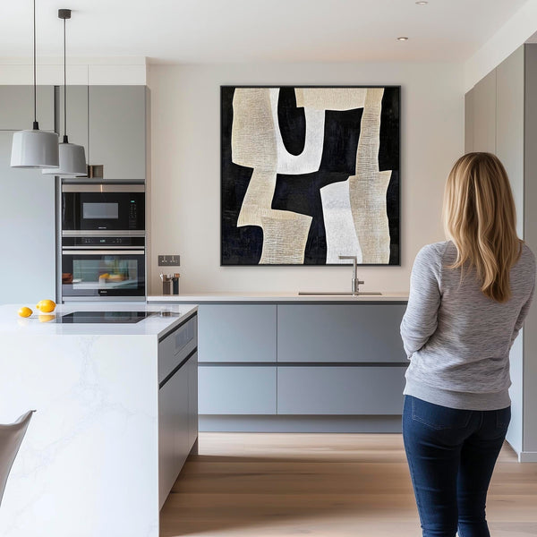 Kitchen Artwork Print Framed Canvas Abstract Beige Cream Black
