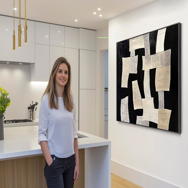 Bedroom Artwork Print Framed Canvas Abstract Beige Cream Black