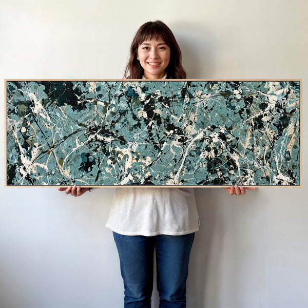 Wide Framed Bedroom Artwork Canvas Teal Green Splash over Bed
