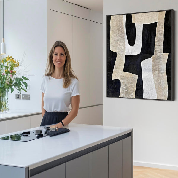 Kitchen Artwork Print Framed Canvas Abstract Beige Cream Black