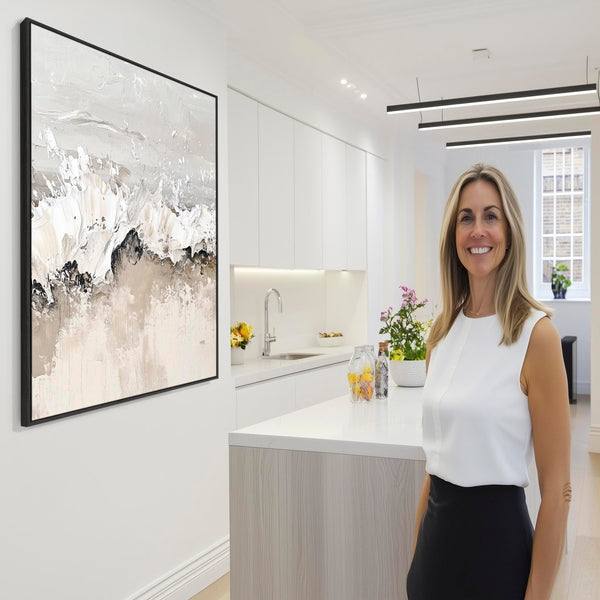 Greige Abstract Kitchen Diner Framed Artwork on Canvas Beige Grey