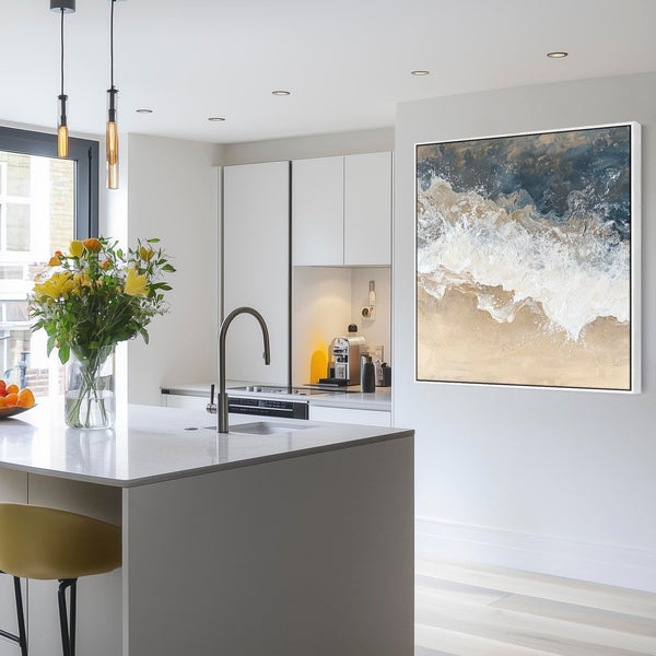 Beach Coastal Artwork Canvas Print Framed for Kitchen Blue