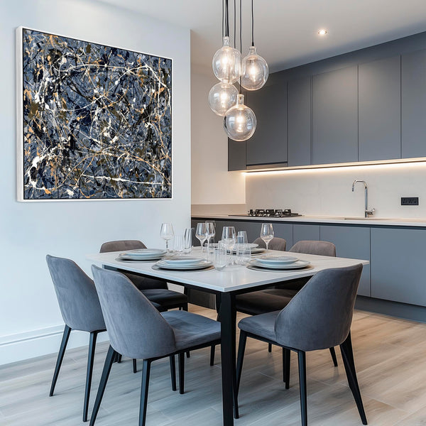 Blue Cream Abstract Framed Canvas Picture Jackson Pollock Style
