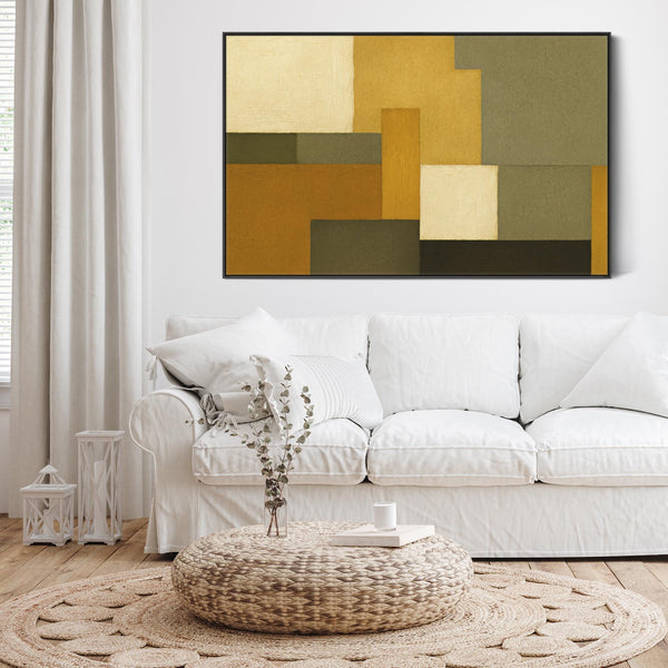 Extra Large Mustard Green Abstract Framed Canvas Artwork - Autumn Forest