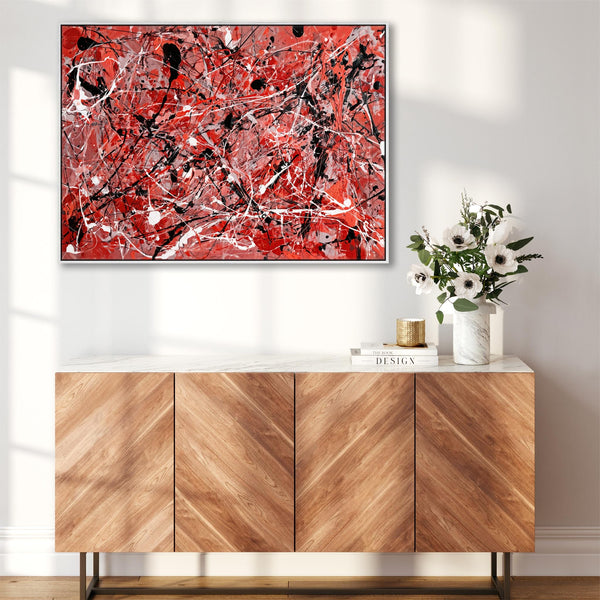 Large Bright Red Black Framed Jackson Pollock Style Canvas Art