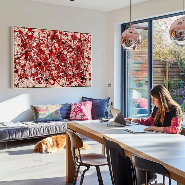Large Red Cream Framed Jackson Pollock Drip Style Canvas Art