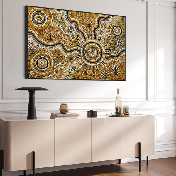 Mustard Yellow Abstract Framed Aboriginal Canvas Print - Kitarra