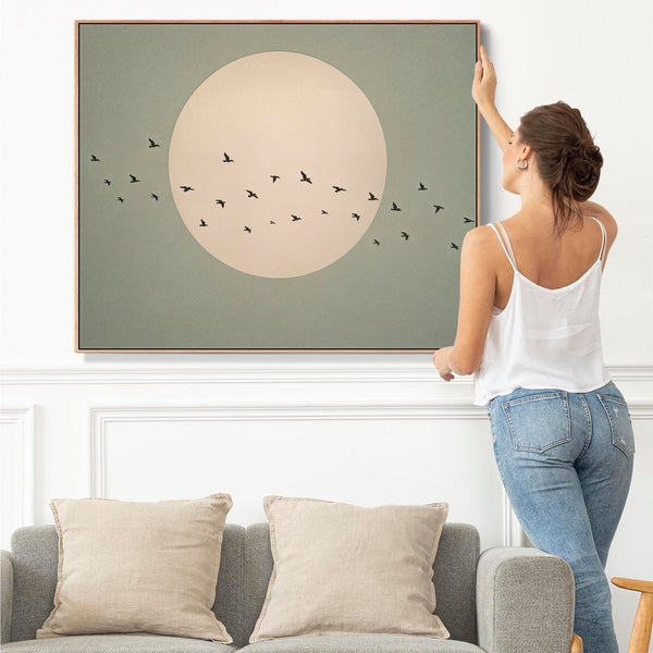 Japandi Birds Framed Canvas Sage Green Moon - Onward Flight