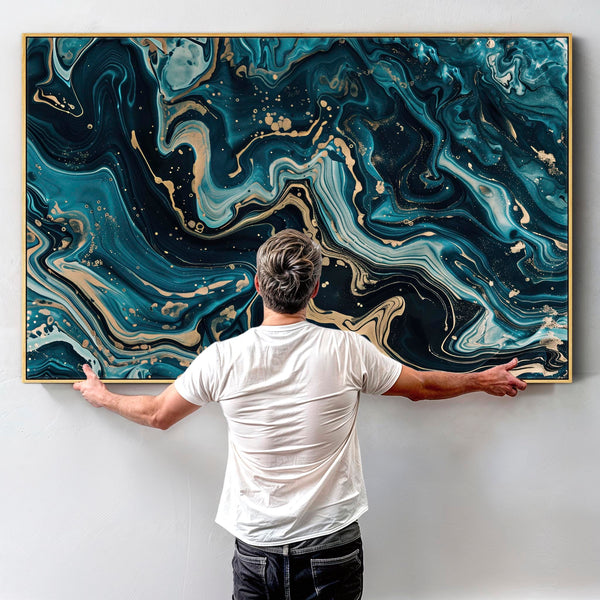 Teal Gold Abstract Framed Canvas Wall Art - Celestial Flow for Living Room