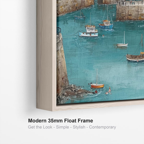 Coastal Cornish Harbour Framed Seaside Artwork on Canvas Blue