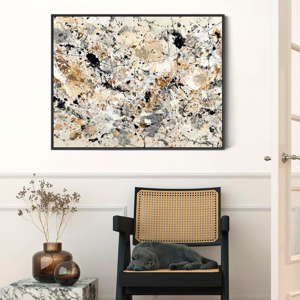 Large Hallway Framed Canvas - Neutral Cream Black Art for Hall