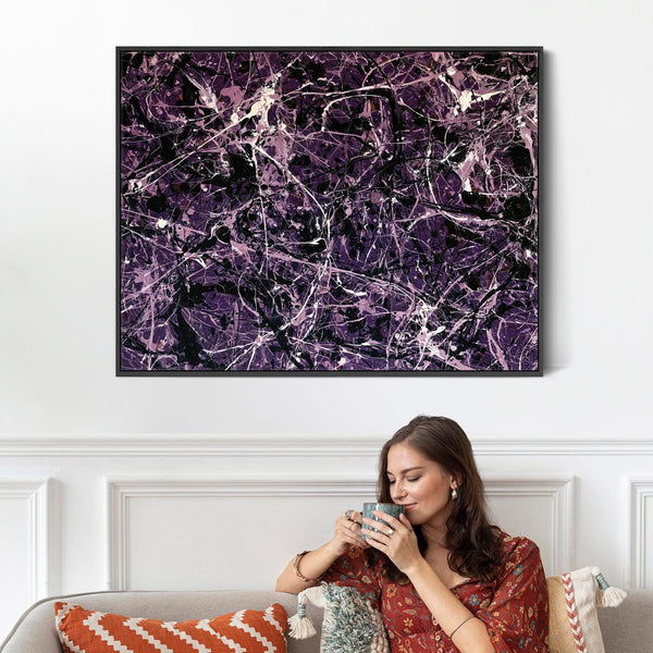 Large Framed Canvas Art XL - Dark Purple Jackson Pollock Style