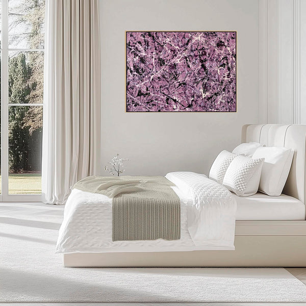 Large Mauve Purple Cream Framed Canvas - Jackson Pollock Style