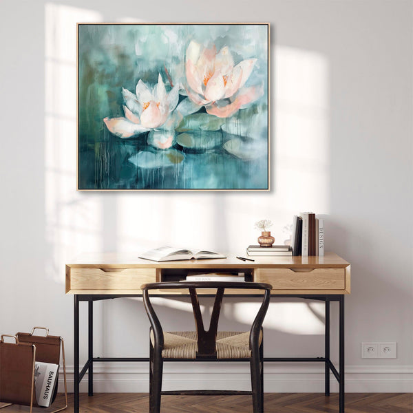 Extra Large Soft Pink Green Framed Floral Canvas Art - Lillies