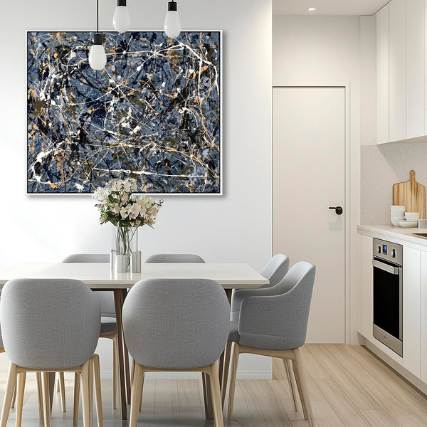 Blue Cream Abstract Framed Canvas Picture Jackson Pollock Style
