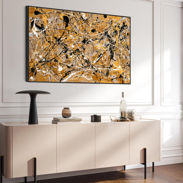 Extra Large Framed Mustard Canvas - Jackson Pollock Style Art
