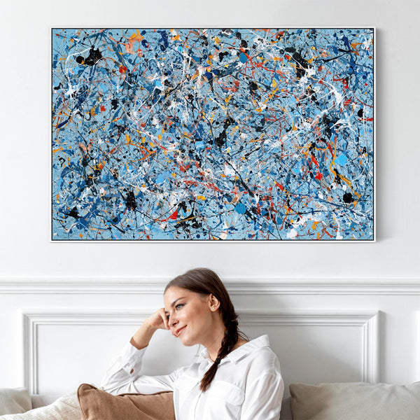 Abstract Framed Wall Art - Jackson Pollock Style Light Blue