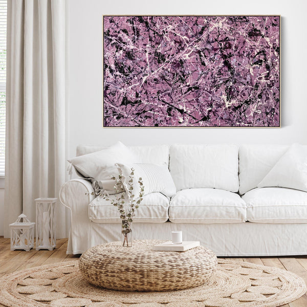 Large Mauve Purple Cream Framed Canvas - Jackson Pollock Style