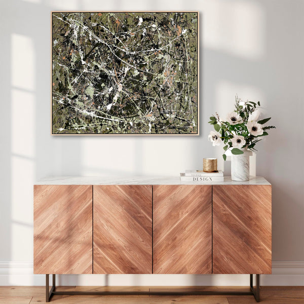 Olive Sage Green Abstract Framed Canvas - Jackson Pollock Style