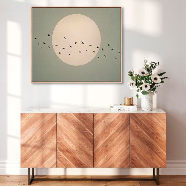 Japandi Birds Framed Canvas Sage Green Moon - Onward Flight
