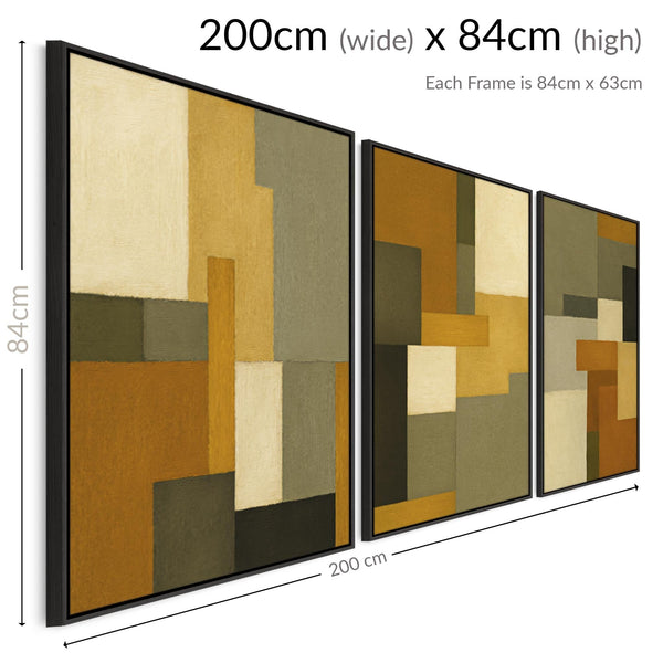 Mustard Green Set of 3 Framed Canvas Abstract - Earthy Warmth