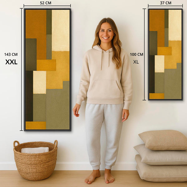 Tall Mustard Green Narrow Framed Canvas Abstract - Earthy Tones