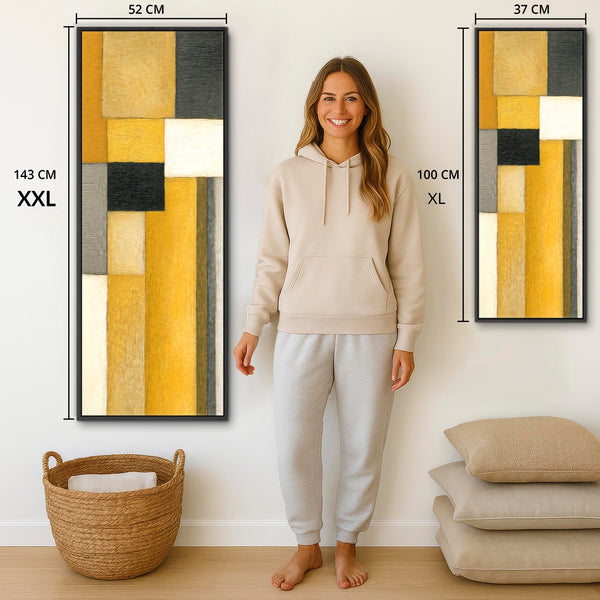 Upright Mustard Yellow Grey Vertical Framed Canvas Wall Art - Narrow Steps