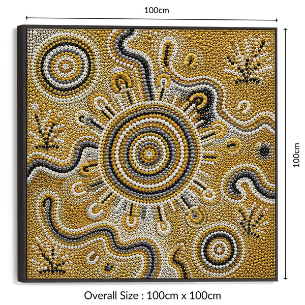 Mustard Yellow Abstract Framed Aboriginal Canvas Artwork - Biralla
