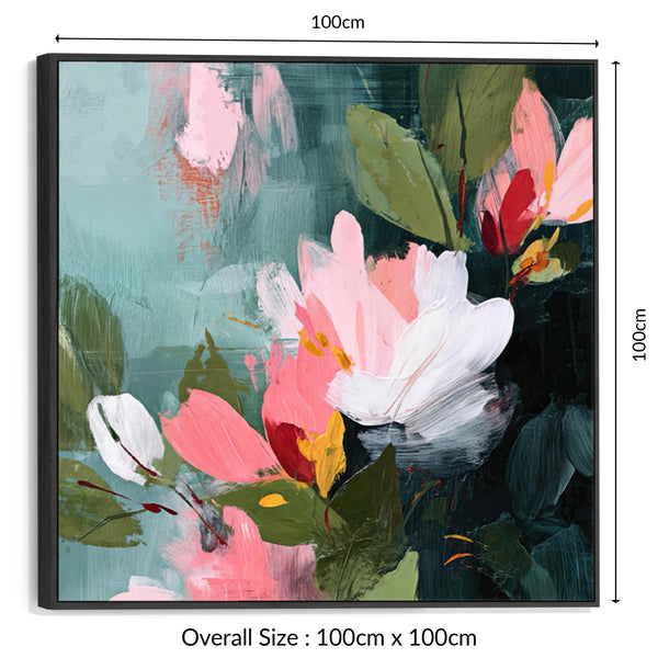 Square Pink Green Abstract Floral Canvas Framed Wall Art