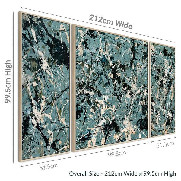 Extra Large Framed Set 3 Canvas - Green Jackson Pollock Style