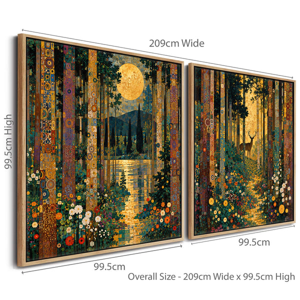 Set 2 Gustav Klimt inspired Framed Art Canvases Forest Pathway