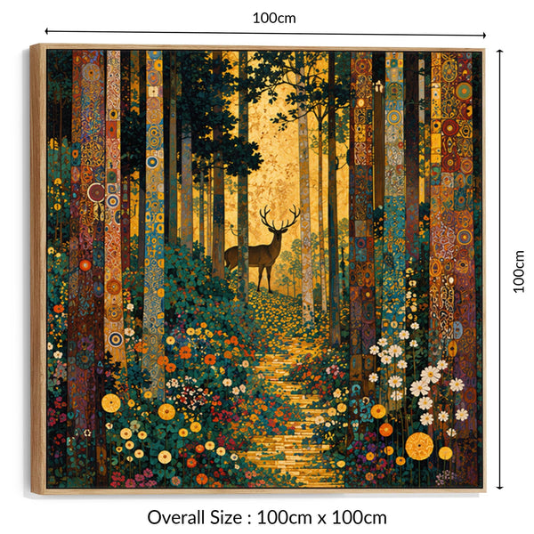 Big Gustav Klimt inspired Framed Trees Canvas Art - Forest Stag