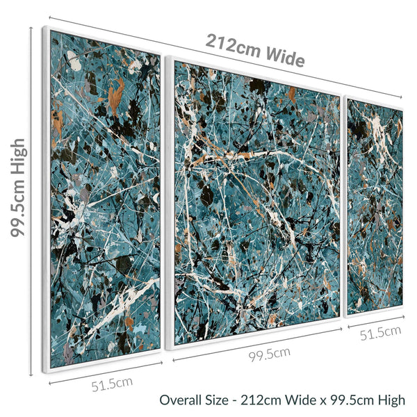Set of 3 Teal Jackson Pollock Inspired Abstract Framed Canvas