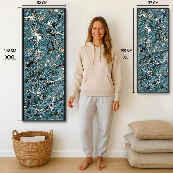 Tall Teal Blue Abstract Vertical Wall Art - Pollock Inspired
