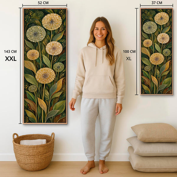 Tall Green Cream Framed Canvas Art Dandelion Botanical Floral