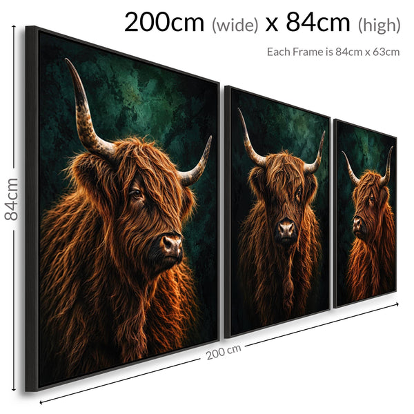 The Clan - Highland Cows - Unique Framed Canvases - Set of 3