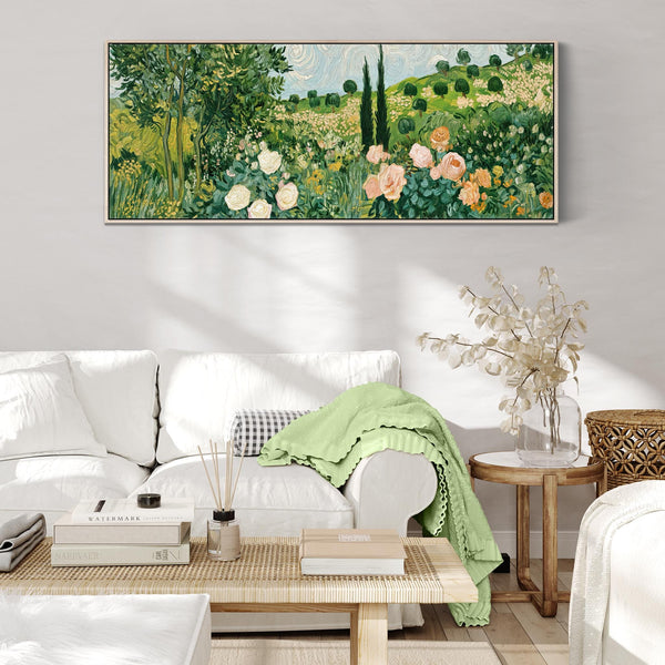 Wide Vincent Van Gogh inspired Framed Landscape Canvas in Green