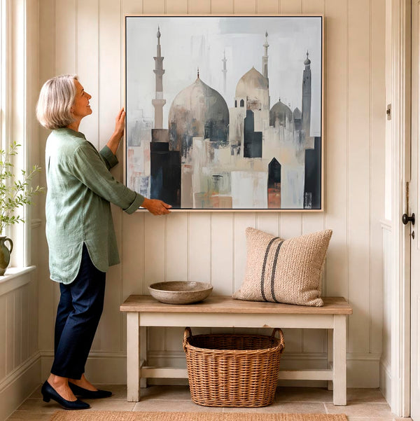 Neutral Grey Modern Framed Islamic Wall Art - Abstract Mosque