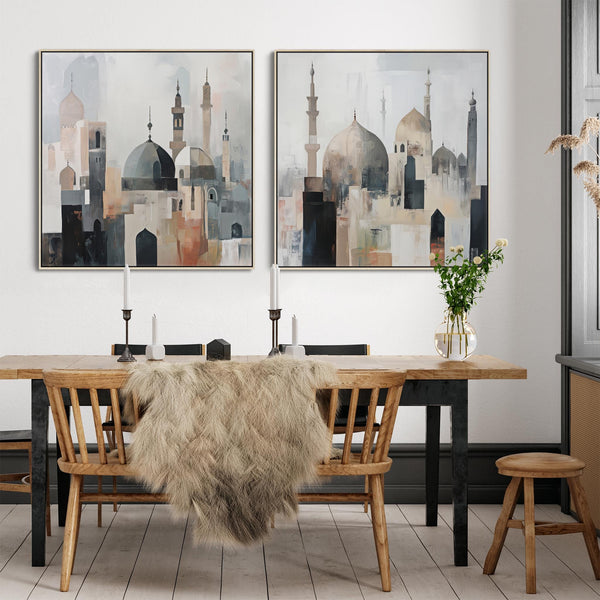 Extra Large Modern Framed Islamic Wall Art Pair - Neutral Grey