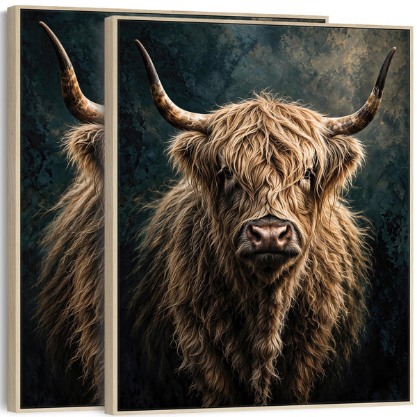 Lassies - Highland Cows - Emotive Pair Framed Artwork on Canvas