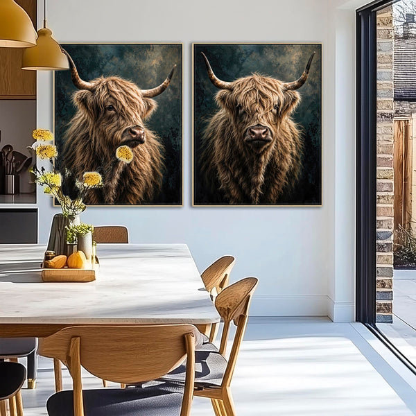 Lassies - Highland Cows - Emotive Pair Framed Artwork on Canvas