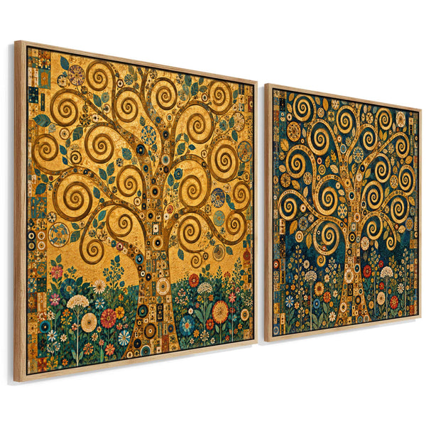 Pair Gustav Klimt inspired Framed Canvas Life Trees - Set of 2