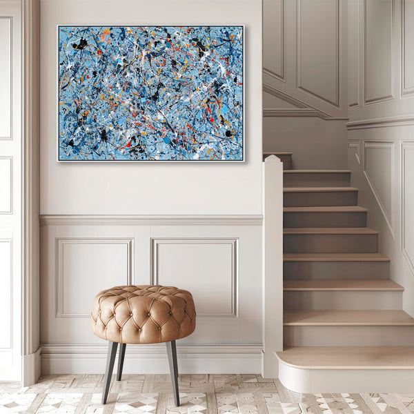 Abstract Framed Wall Art - Jackson Pollock Style Light Blue