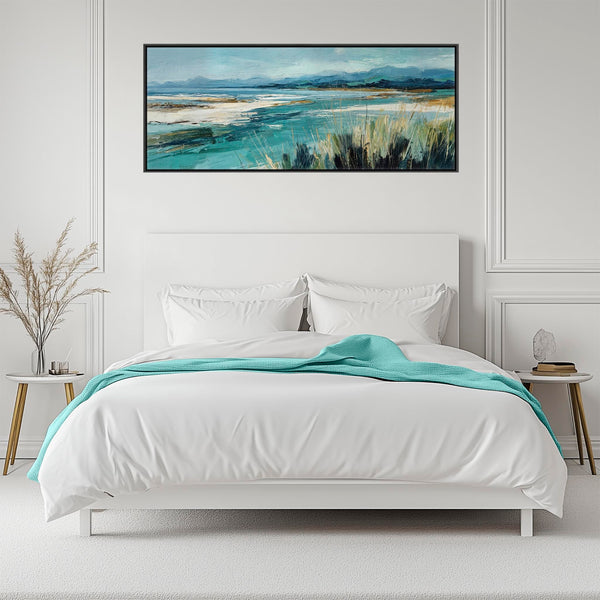 Wide Living Room Framed Wall Art on Canvas - Teal Tidal Drift